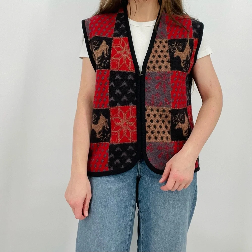 vtg tundra 100% wool winter checkered zip up sweater vest red men’s size M